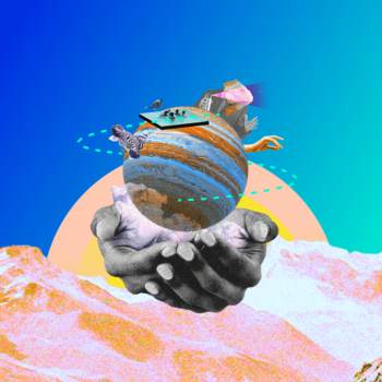 Surreal collage of hands holding a planet, surrounded by animals, a chessboard, and a futuristic figure against a colourful landscape and blue gradient sky.